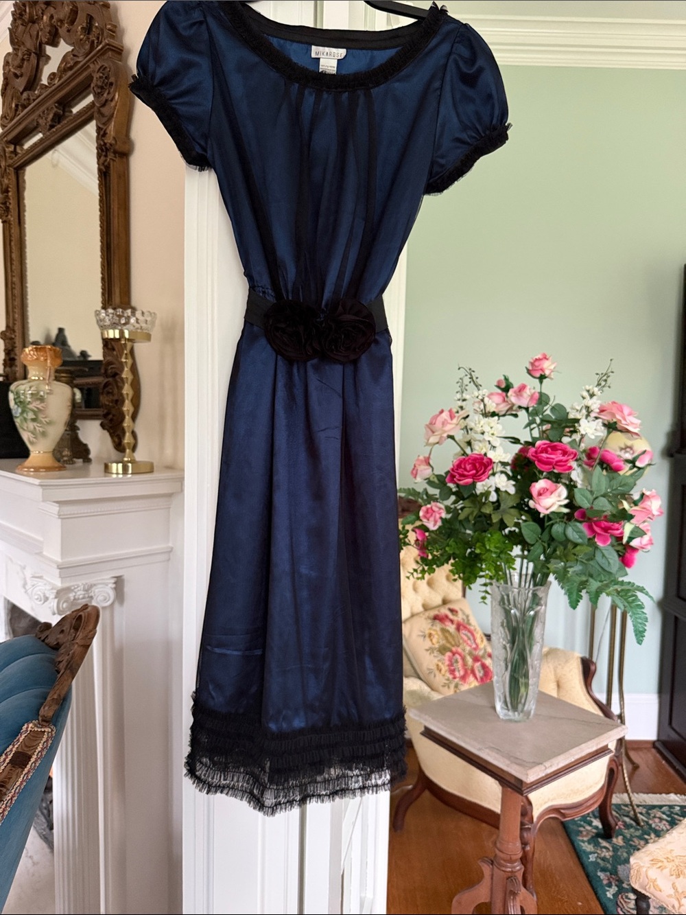 Mikarose Navy Satin Midi Dress with Black Rosette Sash